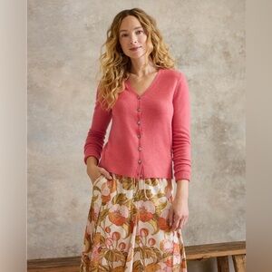 Garnet Hill Brighton Cashmere V-Neck Cardigan Sweater Wild Rose Pink